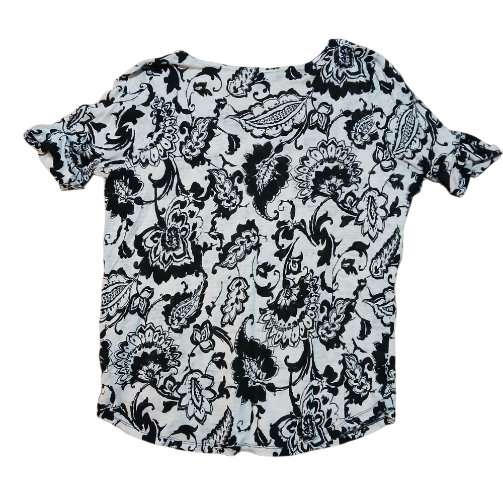 Ralph Lauren Women's Size 2XL Black and Cream Pure Linen Floral Short Sleeve Top - Picture 5 of 5